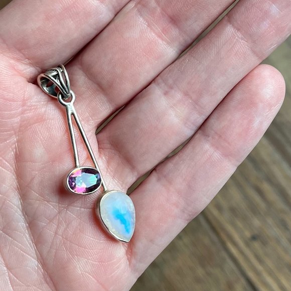 Hand Crafted Jewelry - *Moonstone & Mystic Topaz* Unique Pendant | Silver Necklace | Asymmetrical, NWOT